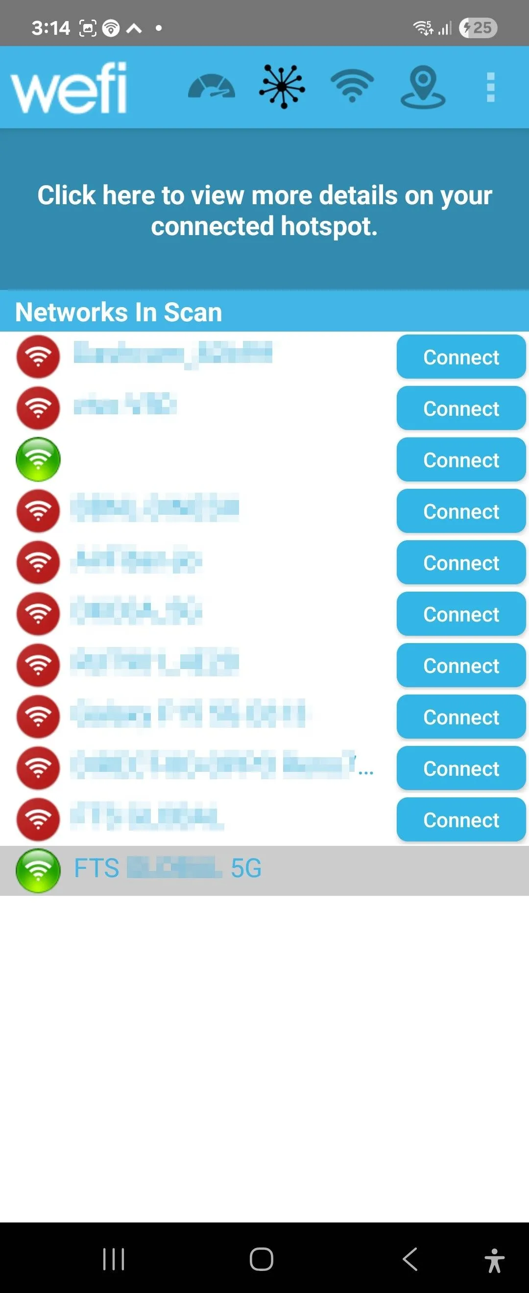 Danh sách các điểm phát Wi-Fi công cộng hiển thị trong ứng dụng WeFi trên Android