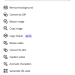 Danh sách các "Hành Động Nhanh" (Quick Actions) tiện lợi trên giao diện Adobe Express.