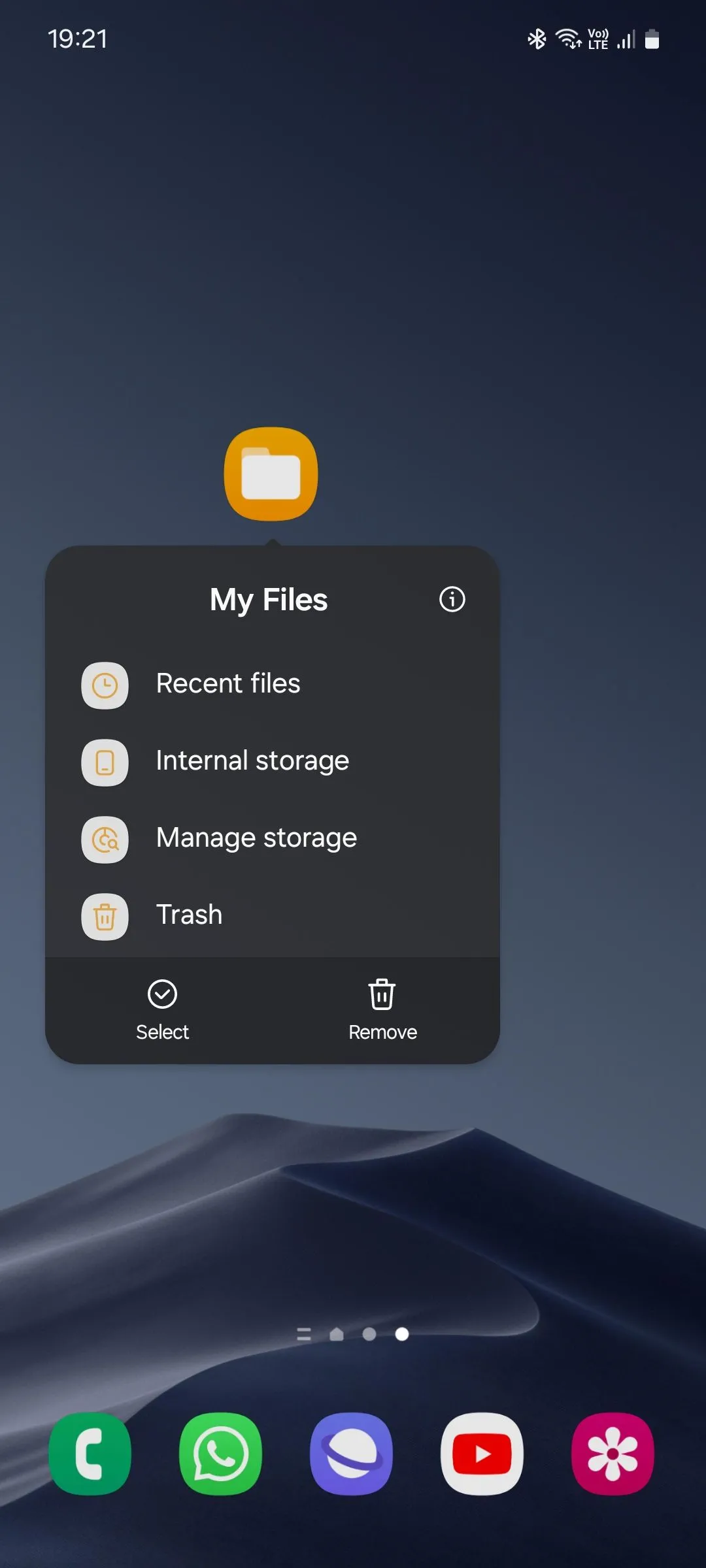Danh sách các phím tắt ứng dụng của Samsung My Files.