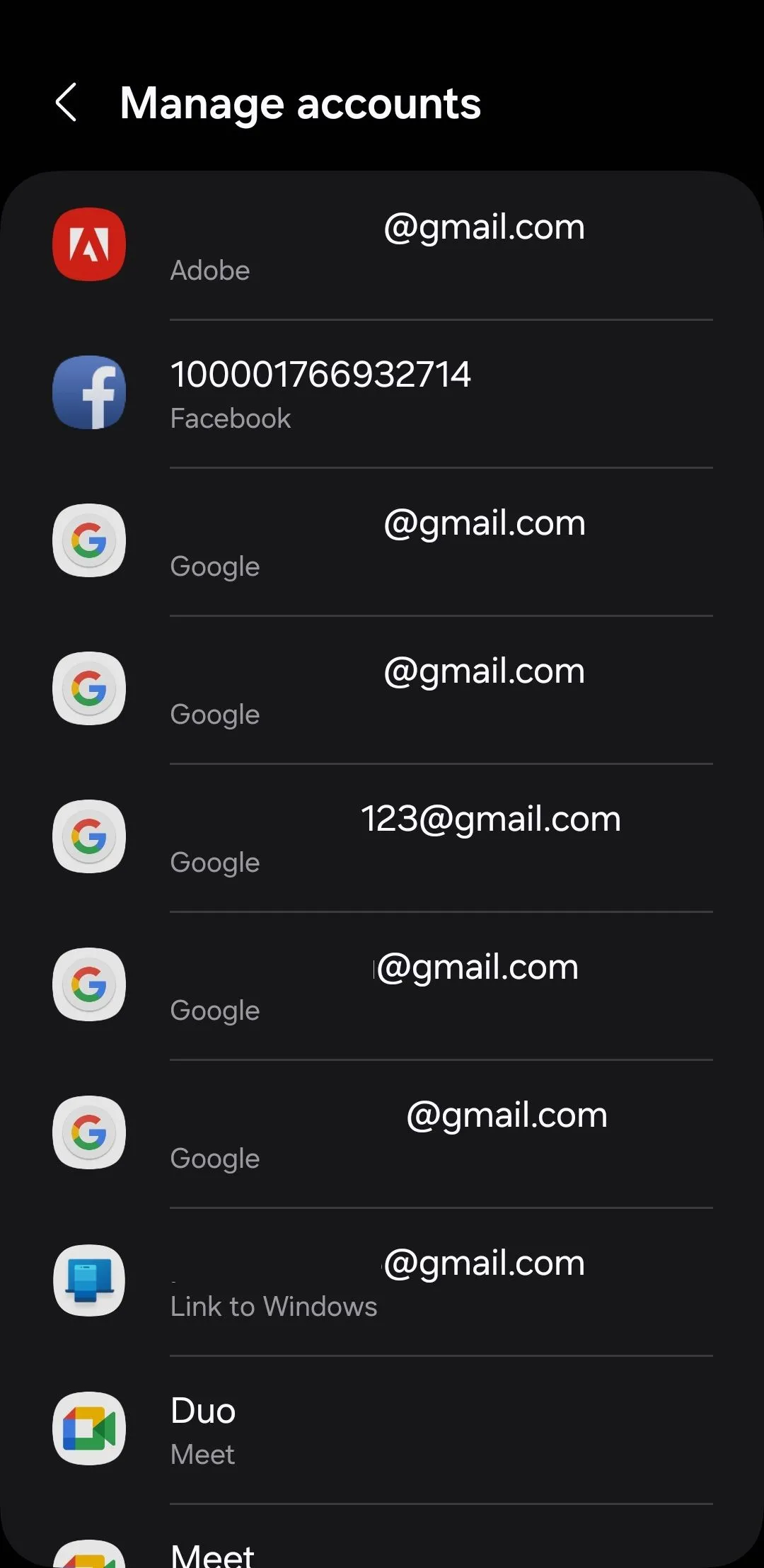 Danh sách các tài khoản đã đăng nhập trên điện thoại Android