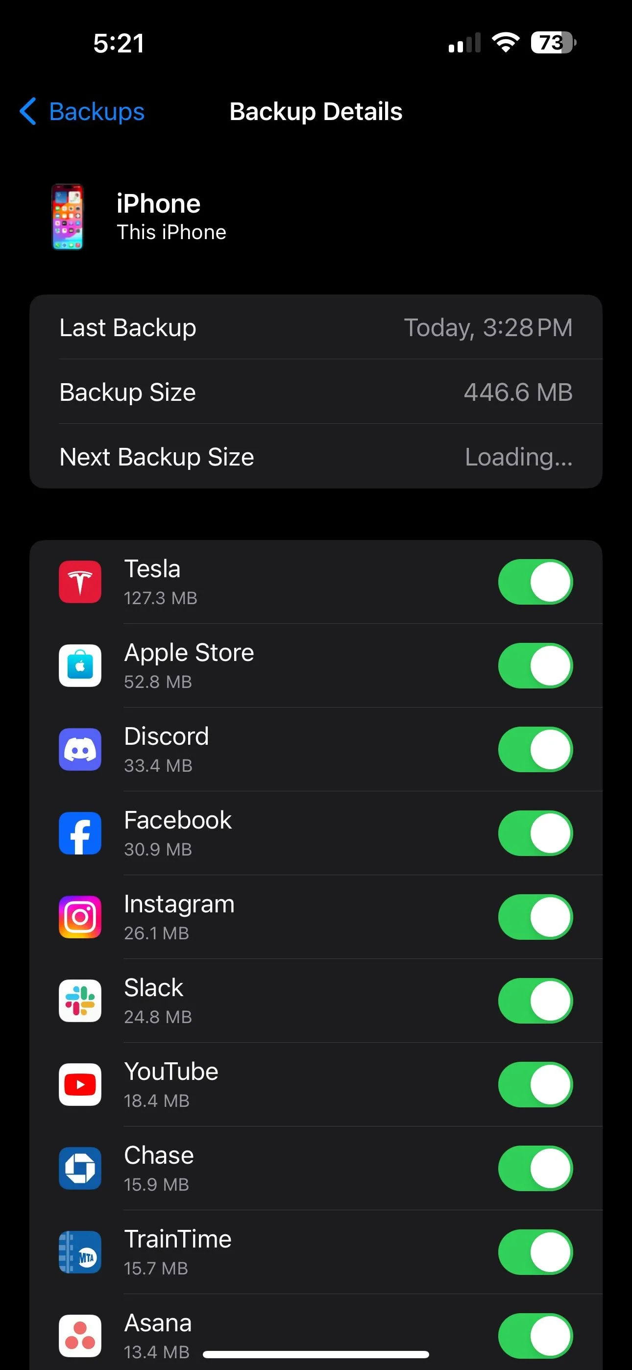 Danh sách các ứng dụng được bao gồm trong một bản sao lưu iCloud cho thiết bị di động