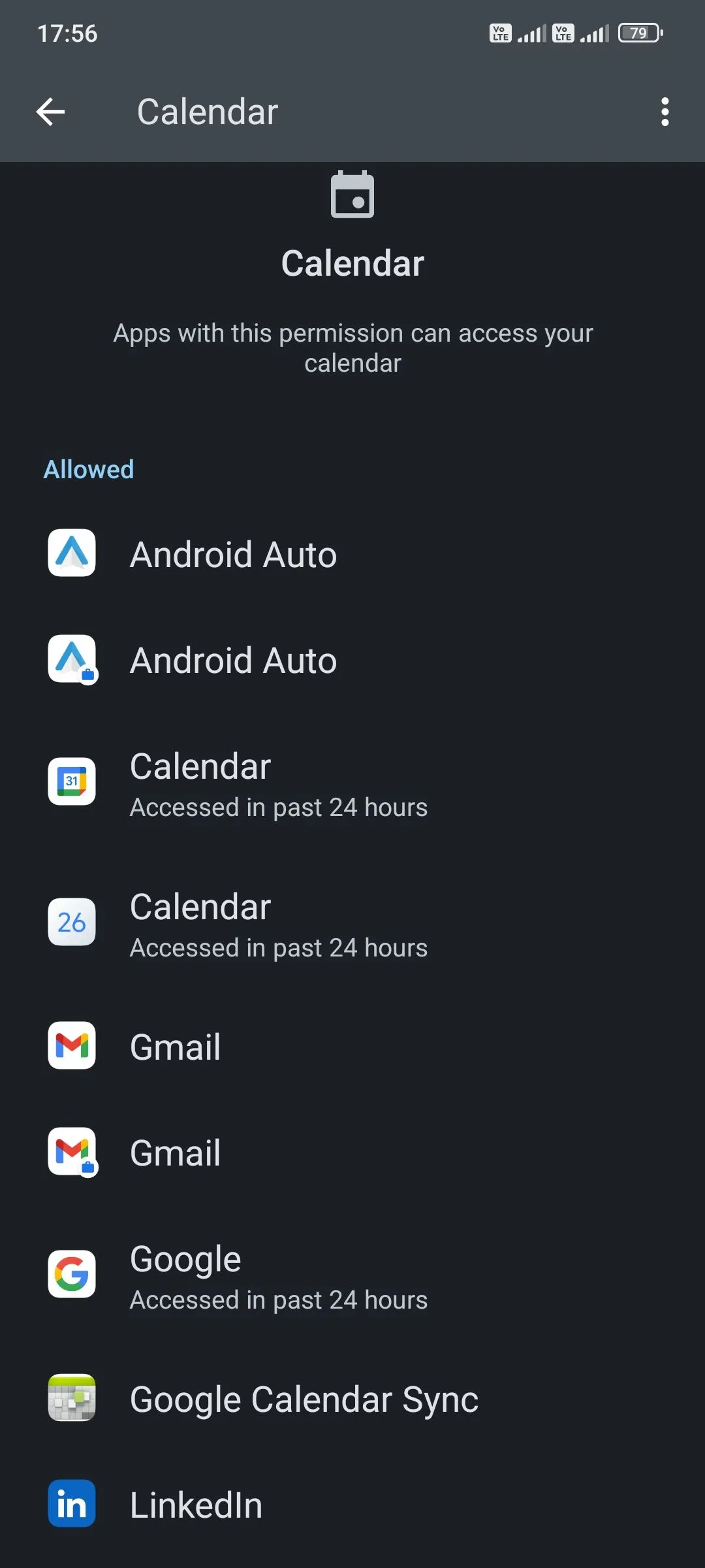 Danh sách các ứng dụng được cấp quyền truy cập vào lịch trên thiết bị Android, cho phép người dùng kiểm soát quyền.