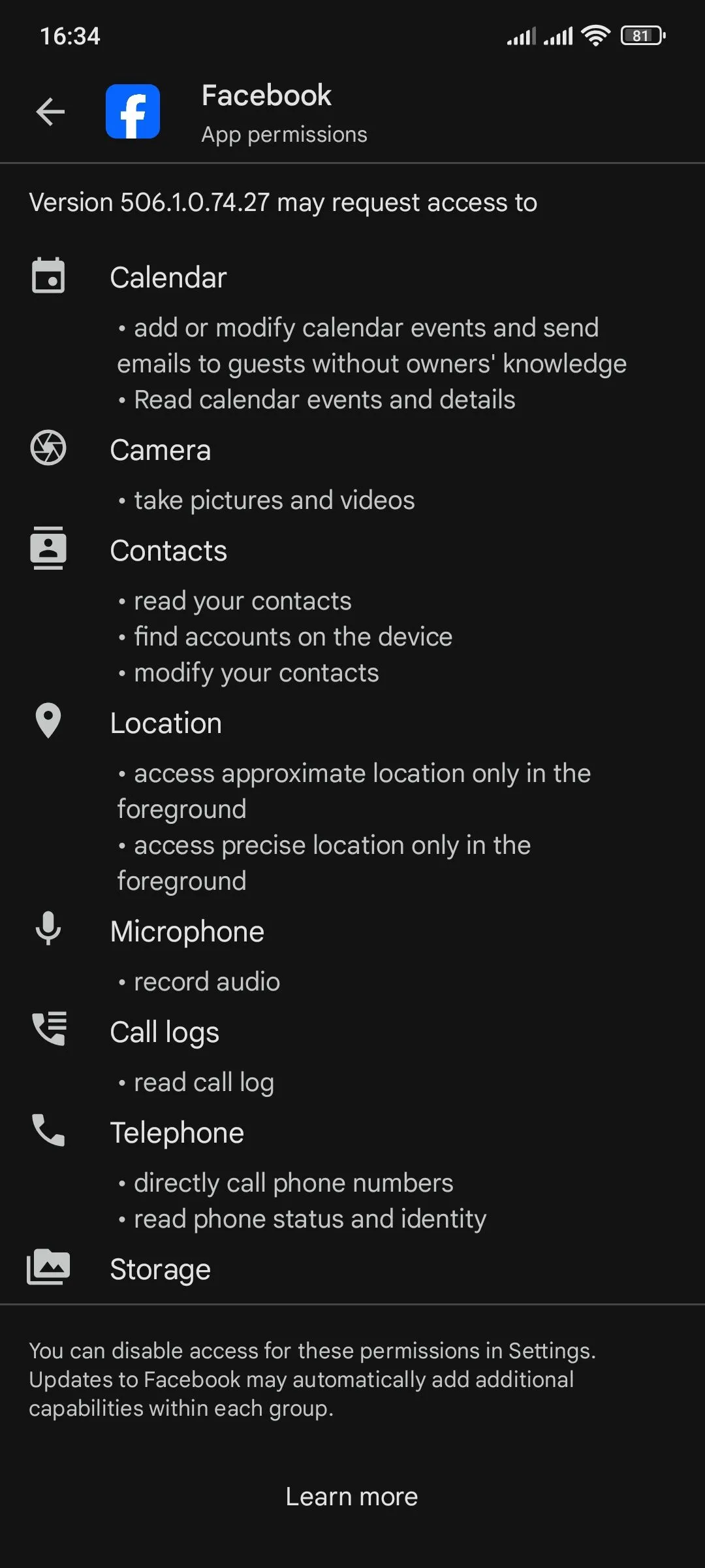 Danh sách chi tiết các quyền truy cập mà ứng dụng Facebook yêu cầu trên Google Play, bao gồm quyền danh bạ, vị trí.
