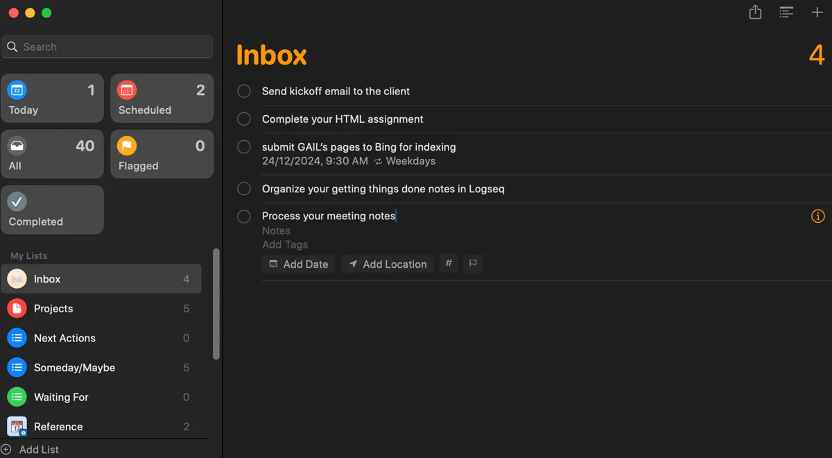 Danh sách 'Inbox' trong ứng dụng Lời nhắc (Reminders) của Apple, nơi tập hợp các công việc và ý tưởng cần hành động