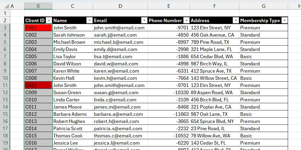 Danh sách khách hàng trong Excel đã làm nổi bật các tên trùng lặp