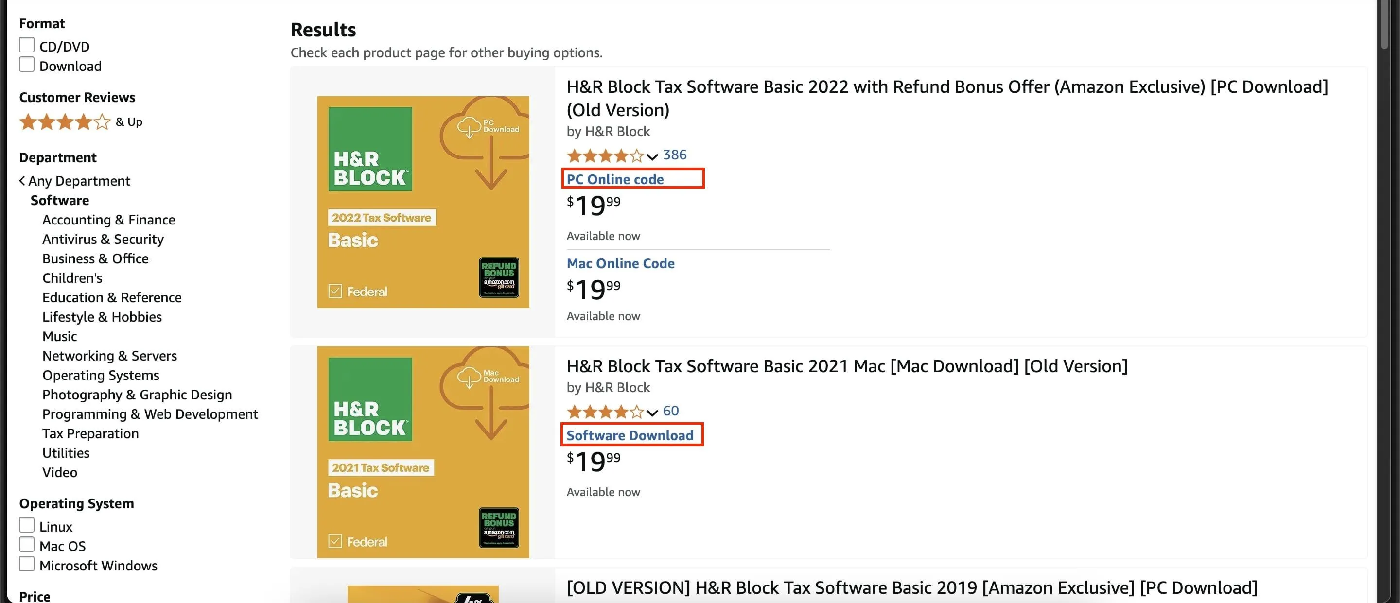 Danh sách phần mềm trên Amazon với các tùy chọn phương thức giao hàng được đánh dấu