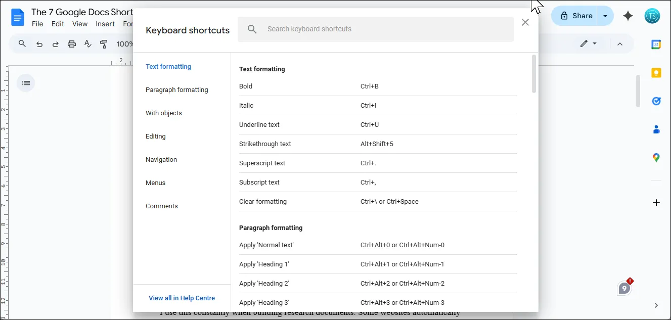 Danh sách tất cả các phím tắt trong Google Docs