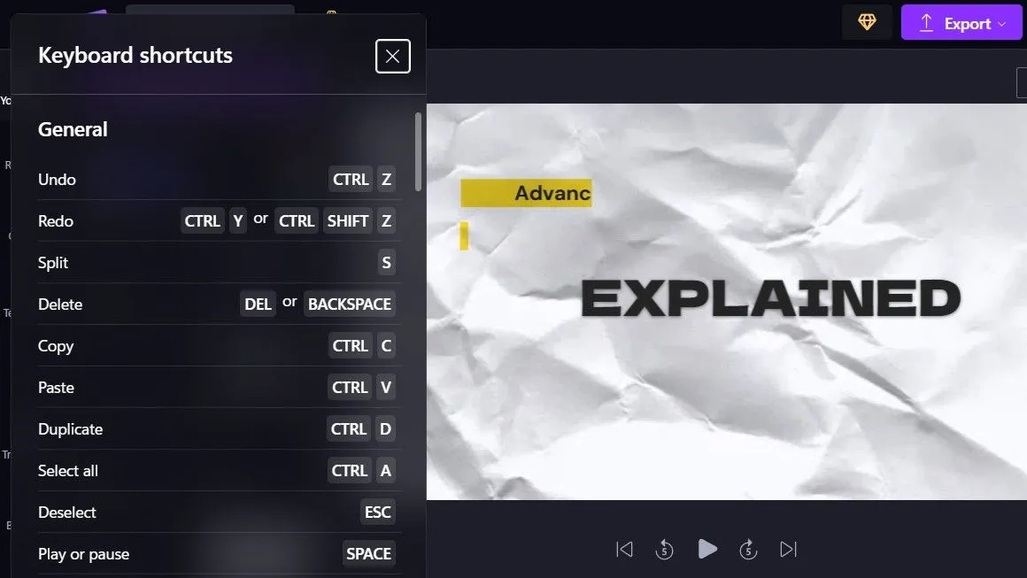 Danh sách tổng hợp các phím tắt bàn phím hữu ích trong Clipchamp