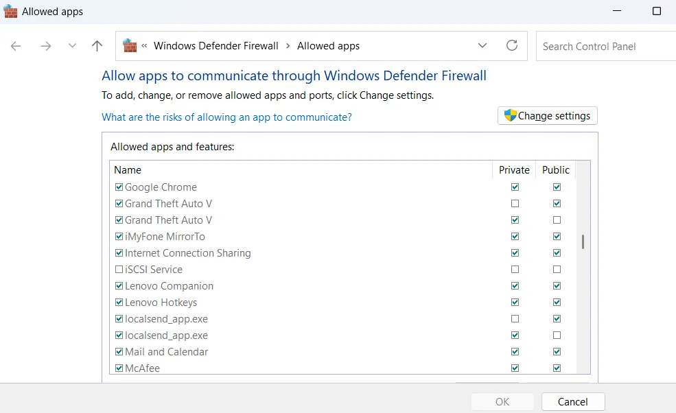 Danh sách ứng dụng được phép giao tiếp qua Tường lửa Windows Defender