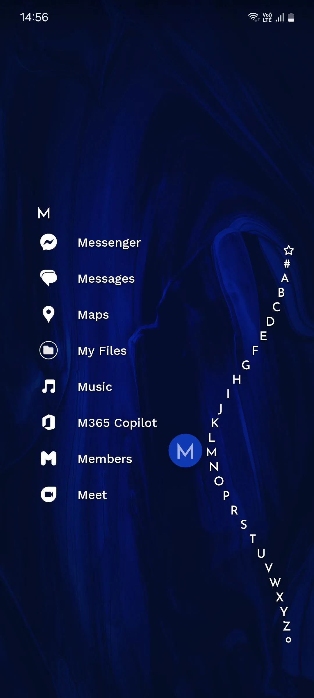 Danh sách ứng dụng được sắp xếp theo bảng chữ cái của Niagara Launcher, giúp tìm kiếm nhanh chóng và gọn gàng.