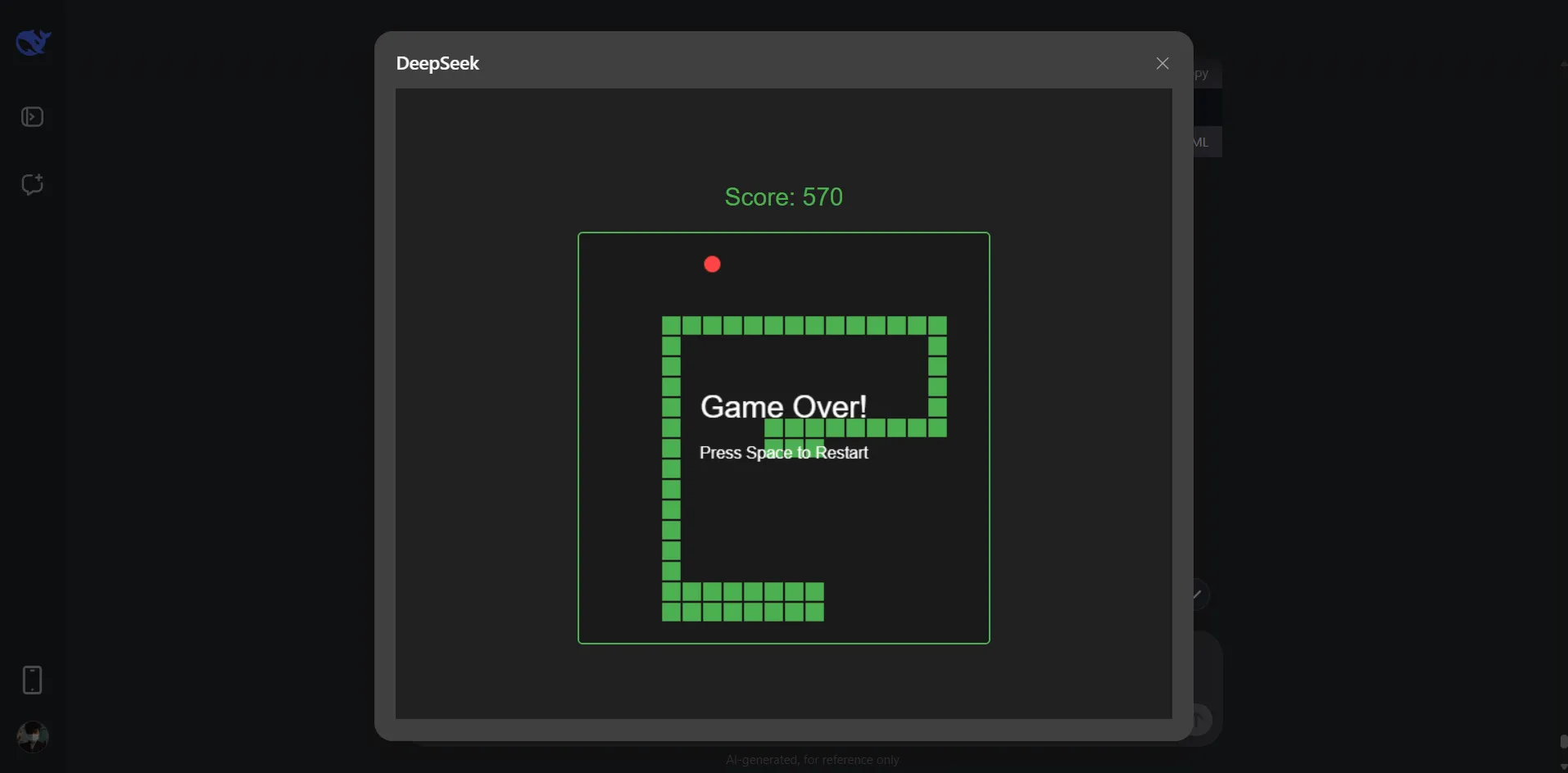DeepSeek tạo mã nguồn cho game Rắn với HTML5, CSS và JavaScript, hiển thị các đoạn code và hướng dẫn, cho thấy khả năng lập trình của mô hình AI.