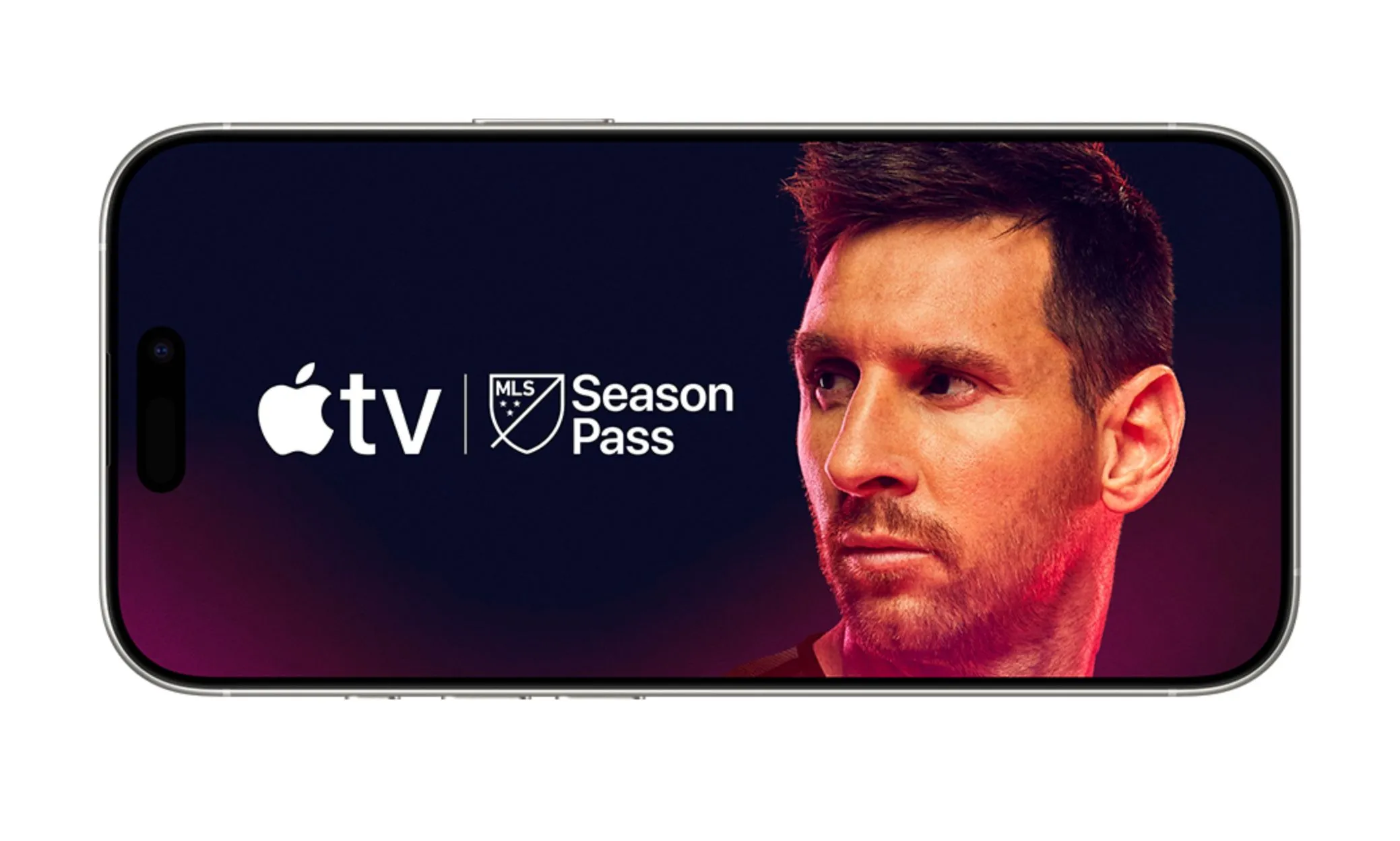 Điện thoại iPhone hiển thị ứng dụng Apple TV và logo MLS Season Pass, tượng trưng cho ưu đãi xem bóng đá miễn phí từ T-Mobile.