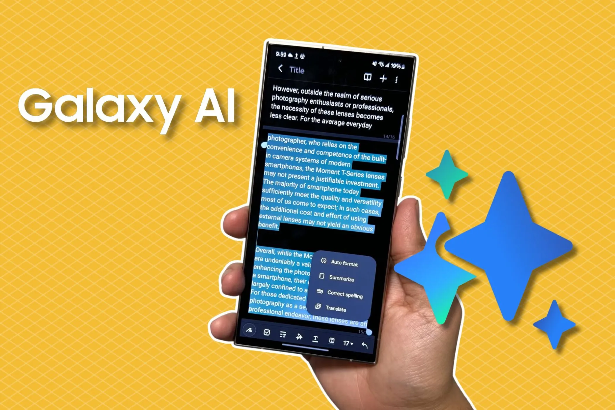 Điện thoại Samsung Galaxy S24 Ultra với biểu tượng Galaxy AI, minh họa các tính năng AI thông minh dự kiến có trên dòng Galaxy S25