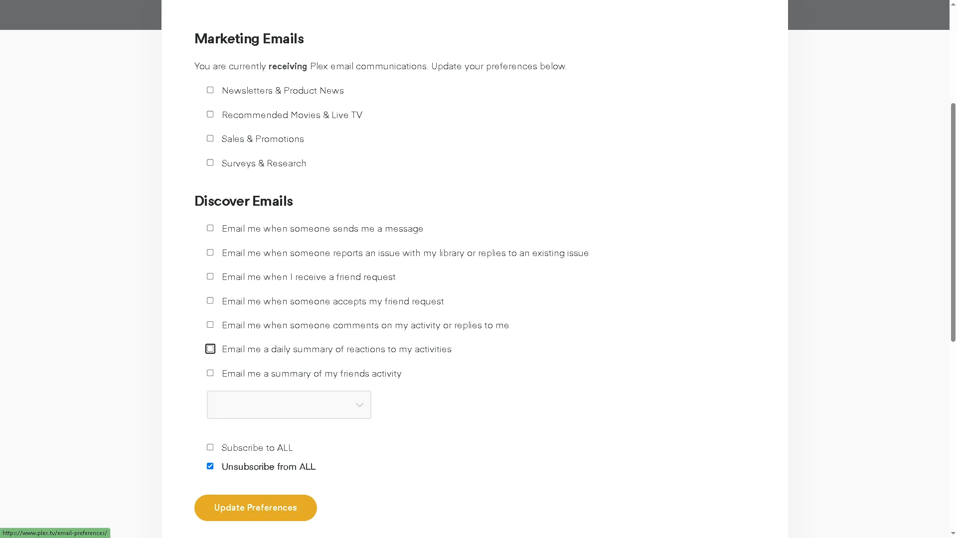 Điều chỉnh tùy chọn email marketing của Plex