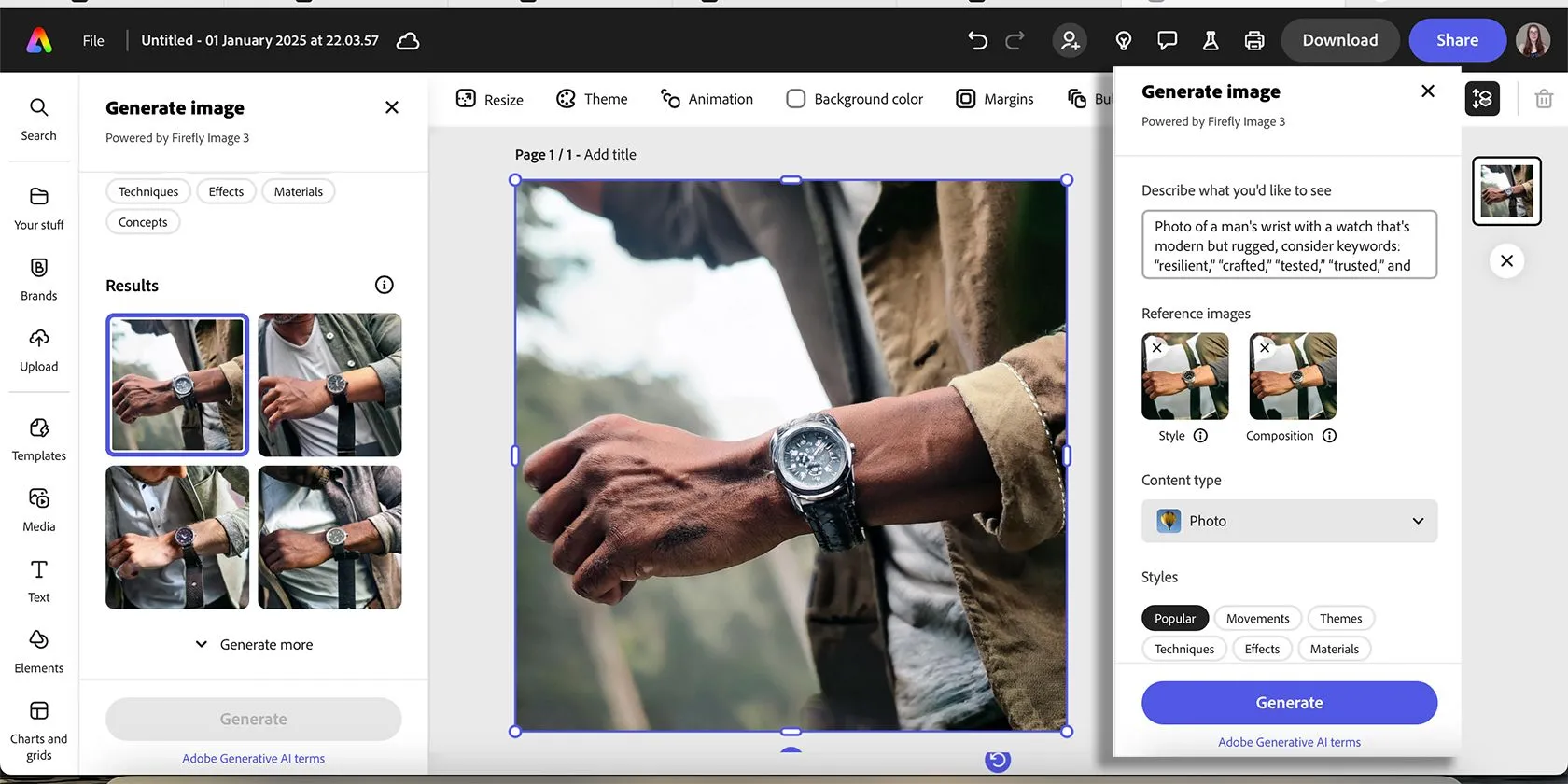 Đồng hồ được tạo bằng AI Image Generator của Adobe Express, với chi tiết phức tạp