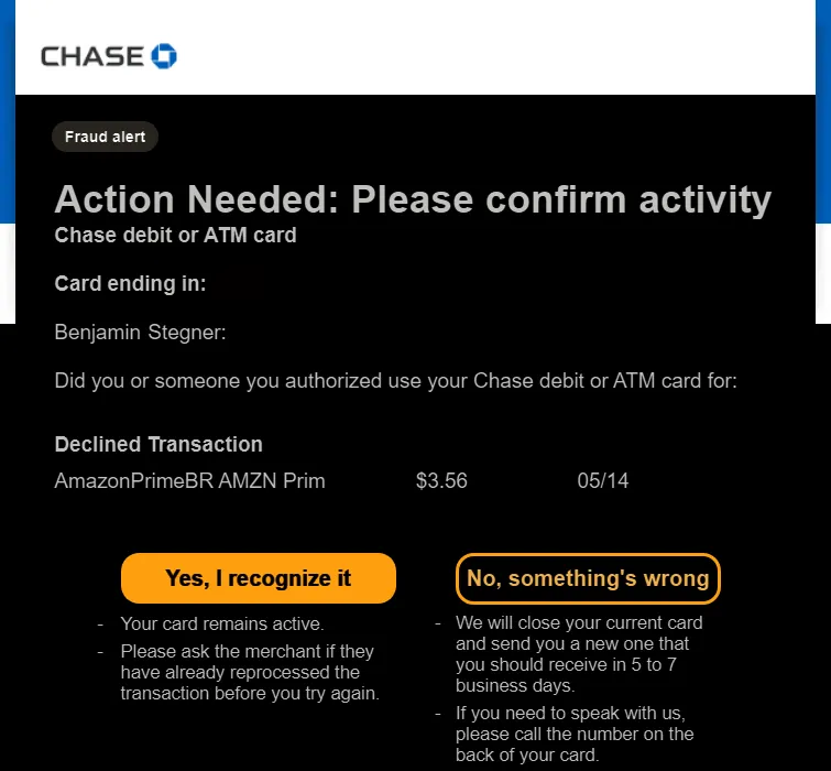 Email cảnh báo từ ngân hàng Chase về hoạt động đáng ngờ trên thẻ Amazon