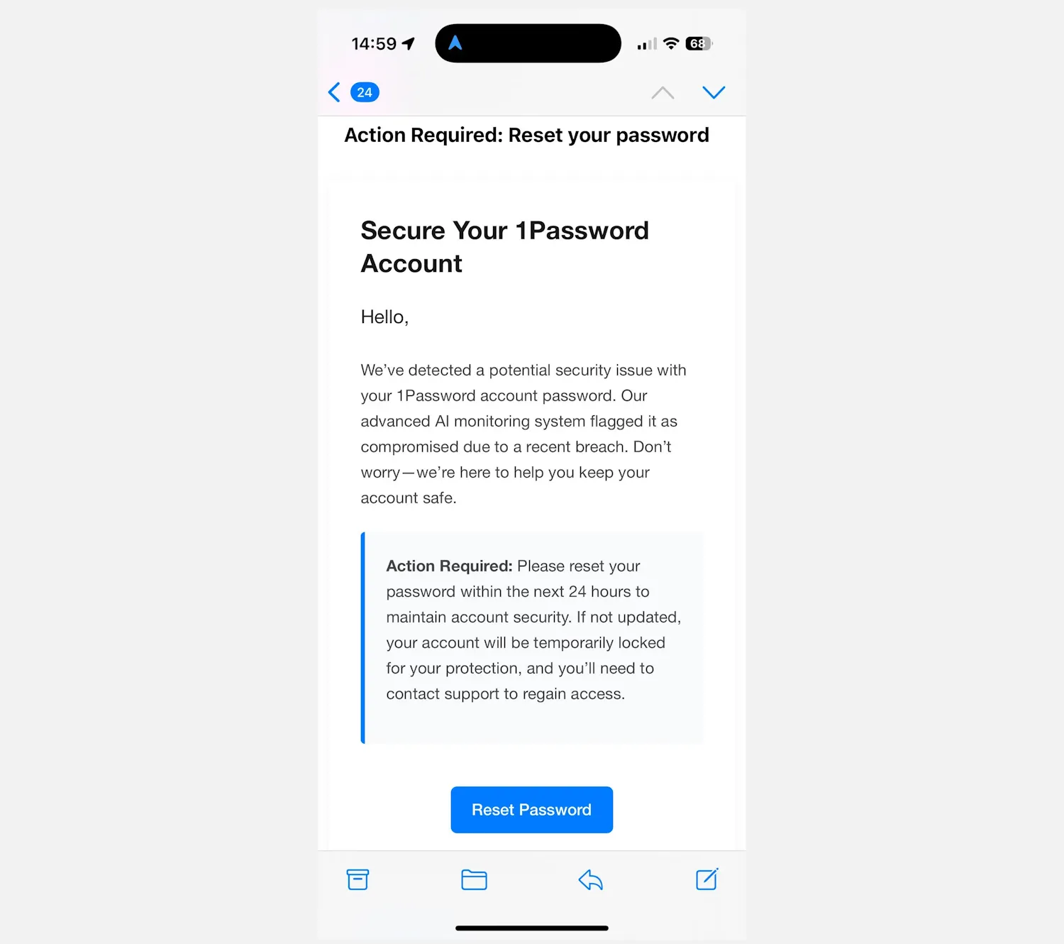 Email lừa đảo giả mạo yêu cầu đặt lại mật khẩu tổng của 1Password