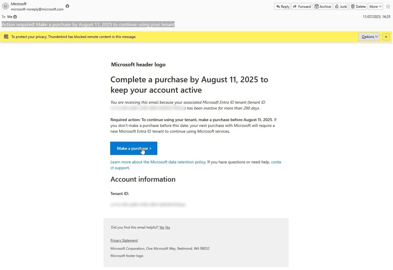 Email thông báo Microsoft Entra ID yêu cầu mua hàng để duy trì hoạt động