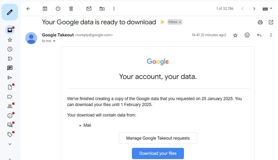 Email thông báo từ Google Takeout trong Gmail, hiển thị liên kết tải xuống tệp MBOX.