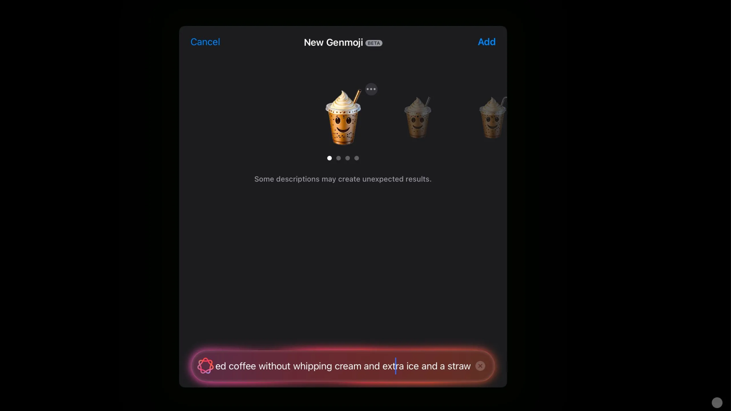 Emoji cà phê đá có mặt cười và kem được tạo bằng Genmoji