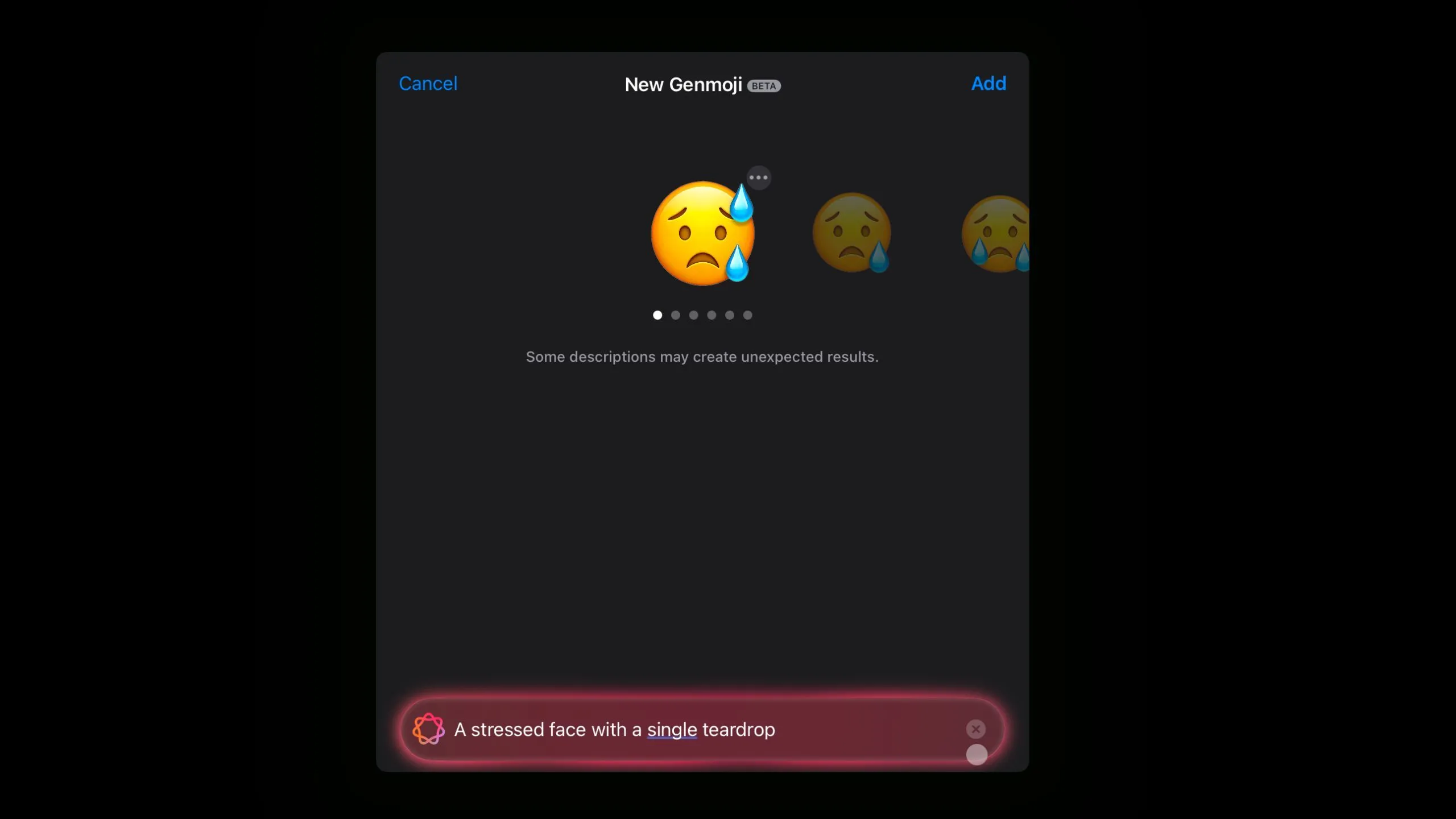 Emoji mặt căng thẳng với hai giọt nước mắt được tạo bằng Genmoji