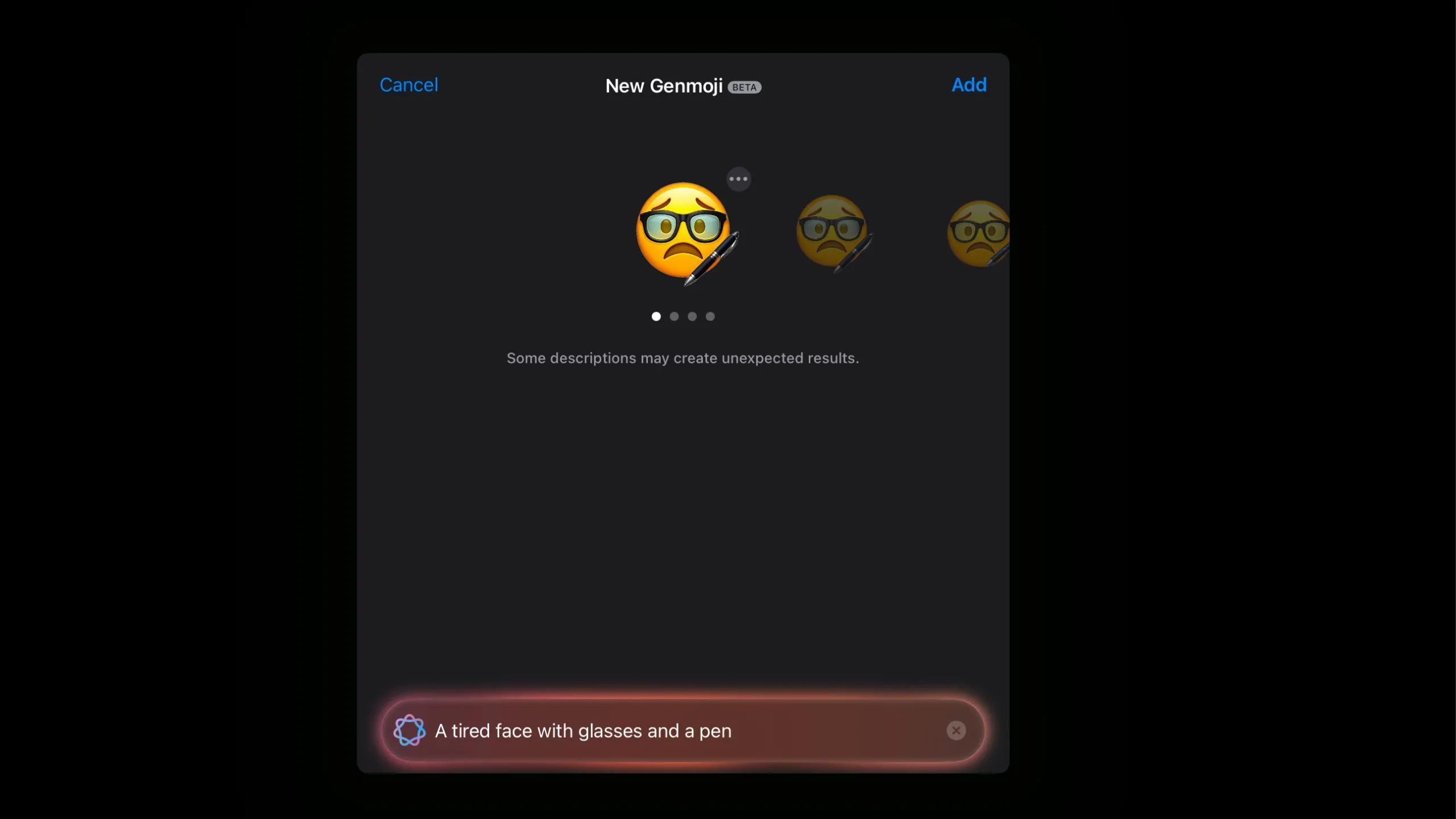 Emoji mặt mệt mỏi đeo kính và cầm bút được tạo bằng Genmoji