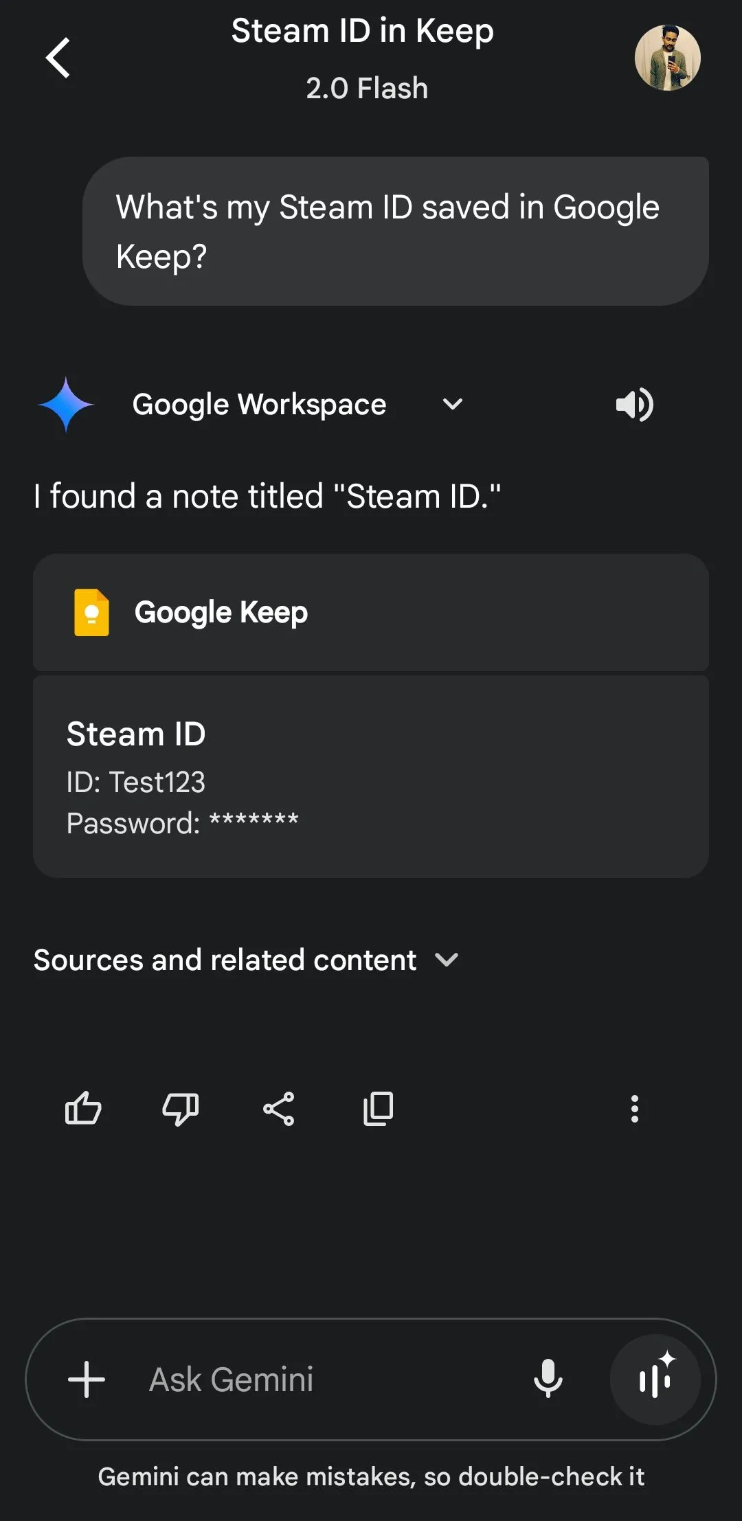 Gemini tìm thông tin Steam ID từ Google Keep