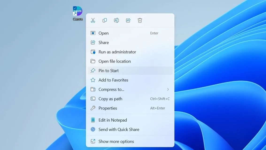 Ghim vào Start trong menu ngữ cảnh Windows