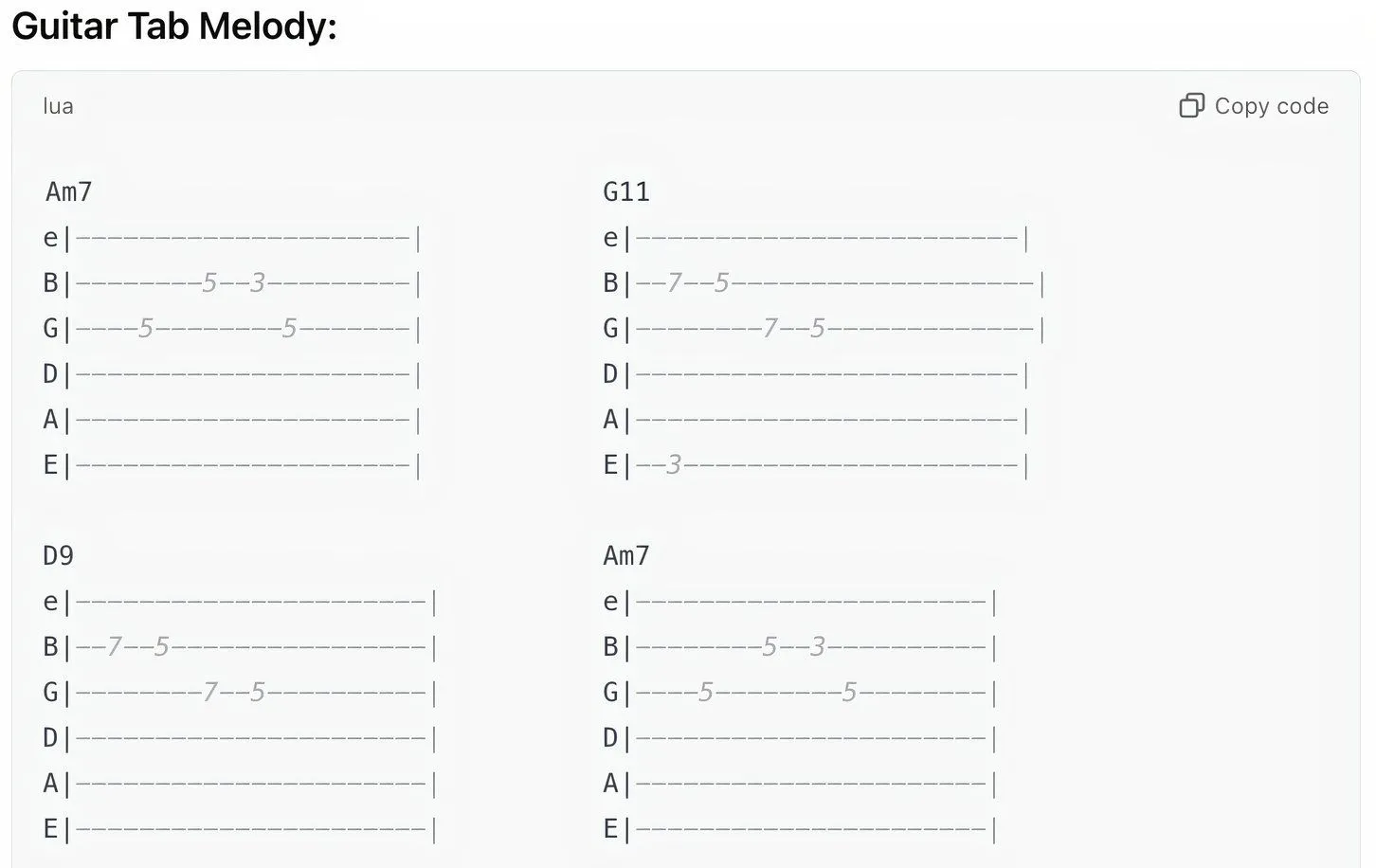 Giai điệu guitar tablature do ChatGPT tạo dựa trên hợp âm chỉ định