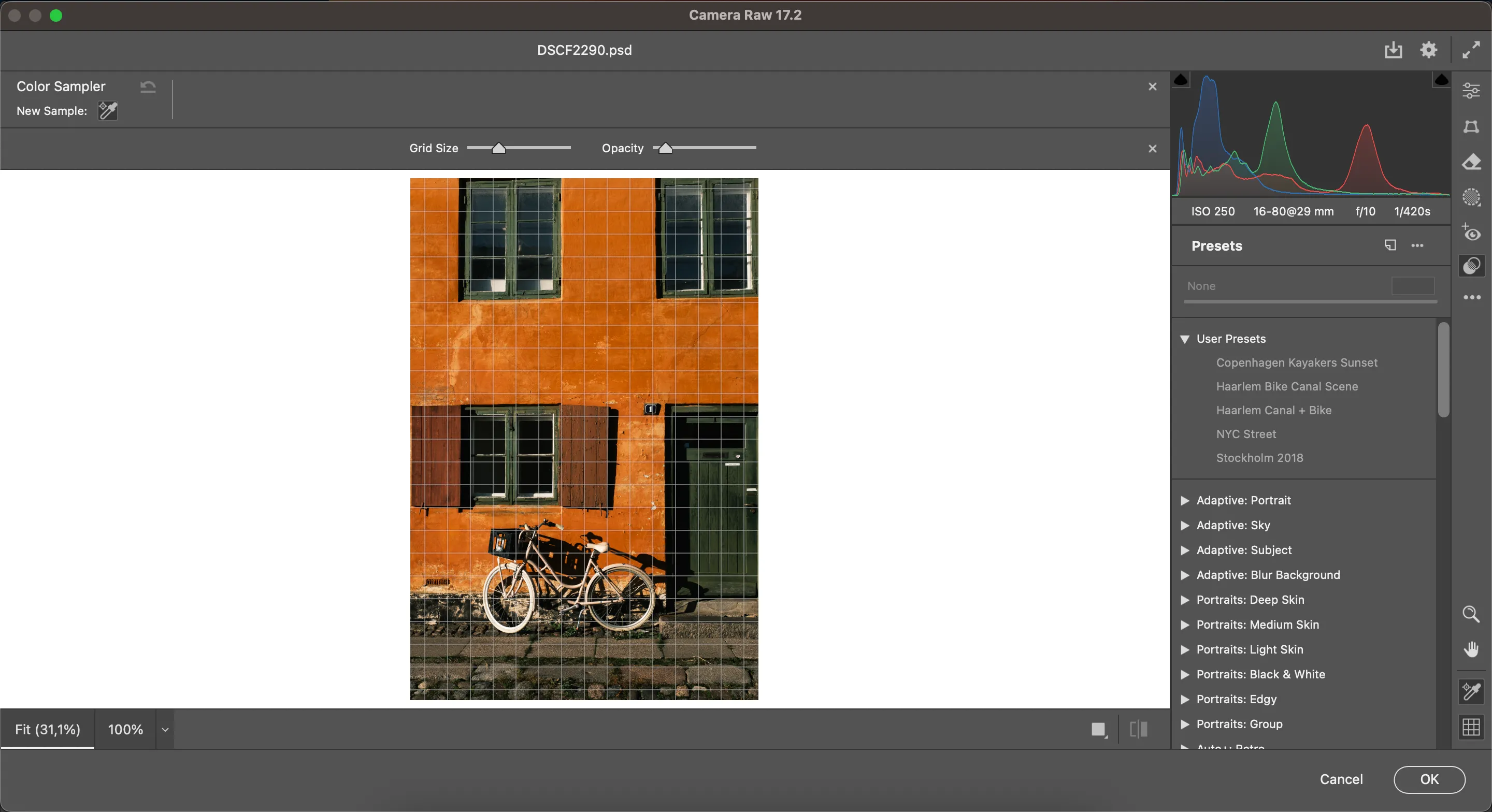 Giao diện Adobe Camera Raw với biểu đồ và các thanh trượt chỉnh sửa