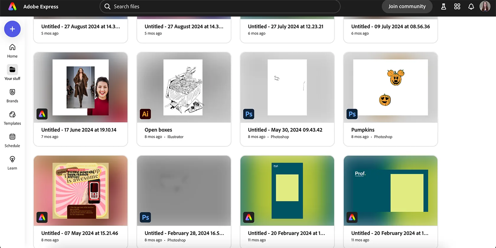 Giao diện Adobe Express hiển thị khả năng tích hợp và đồng bộ hóa với các công cụ Adobe khác.