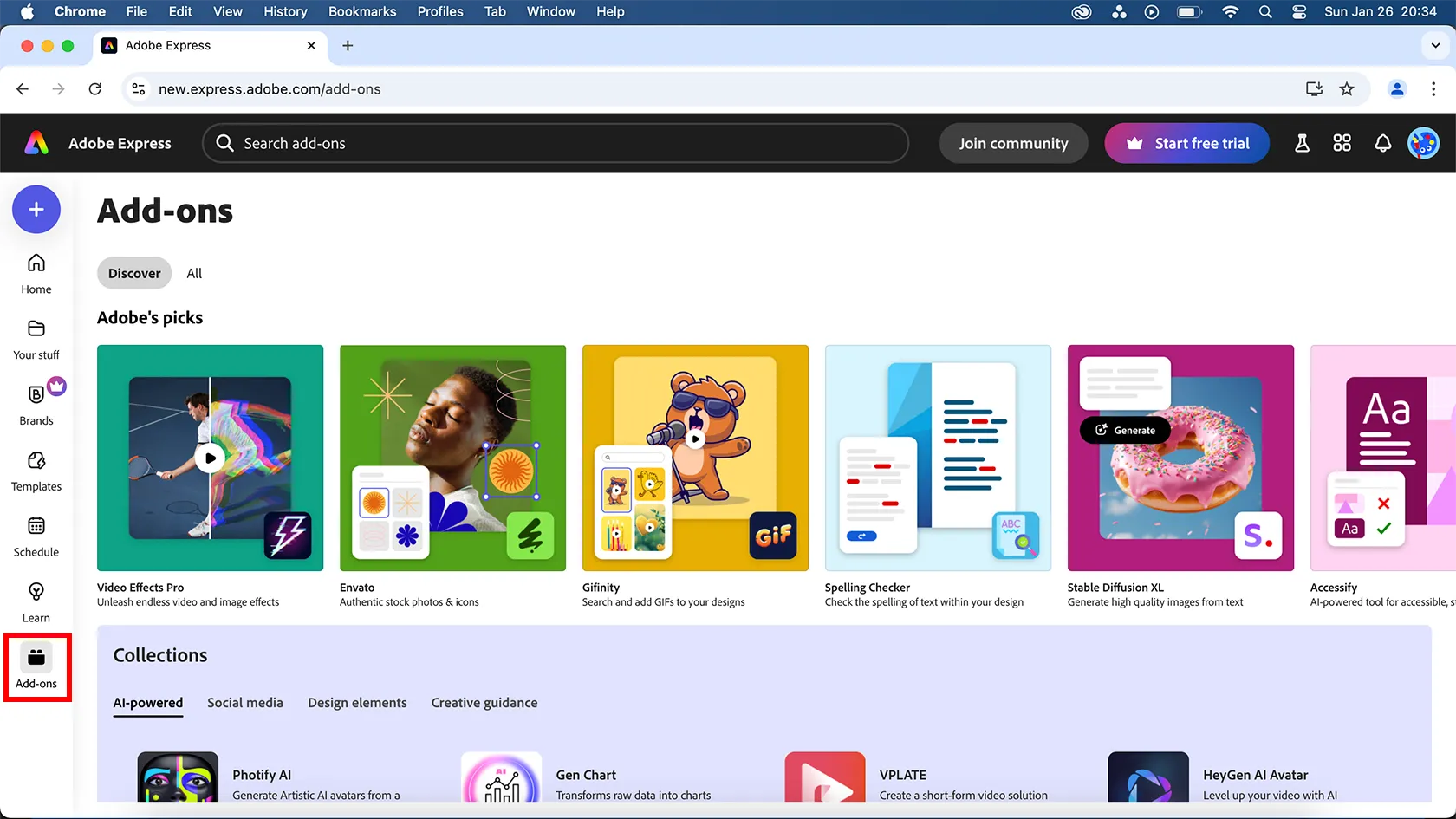 Giao diện Adobe Express trên trình duyệt với menu Add-Ons