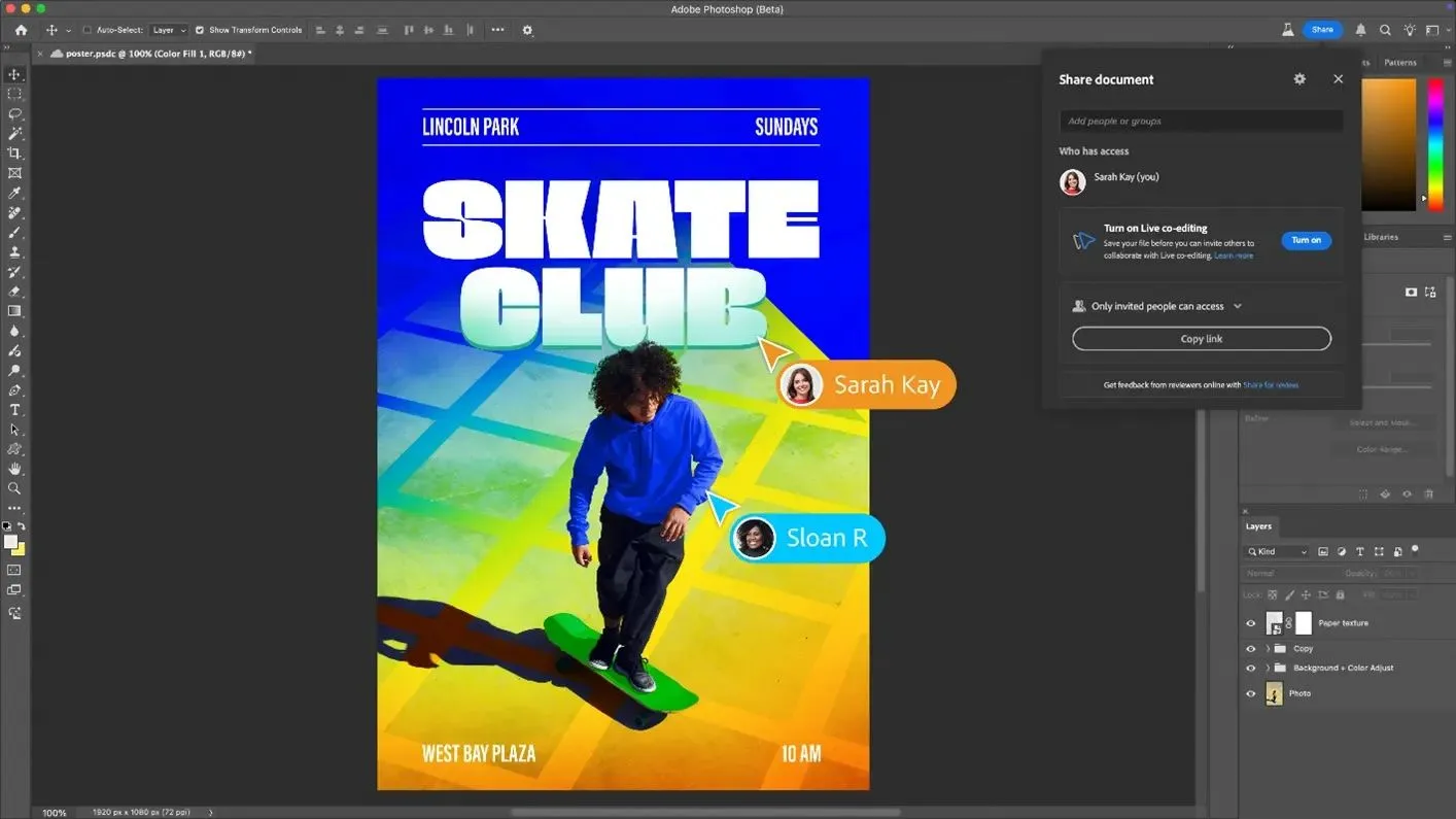 Giao diện Adobe Photoshop hiển thị ví dụ về tính năng Live Co-Editing với các biểu tượng người dùng cộng tác
