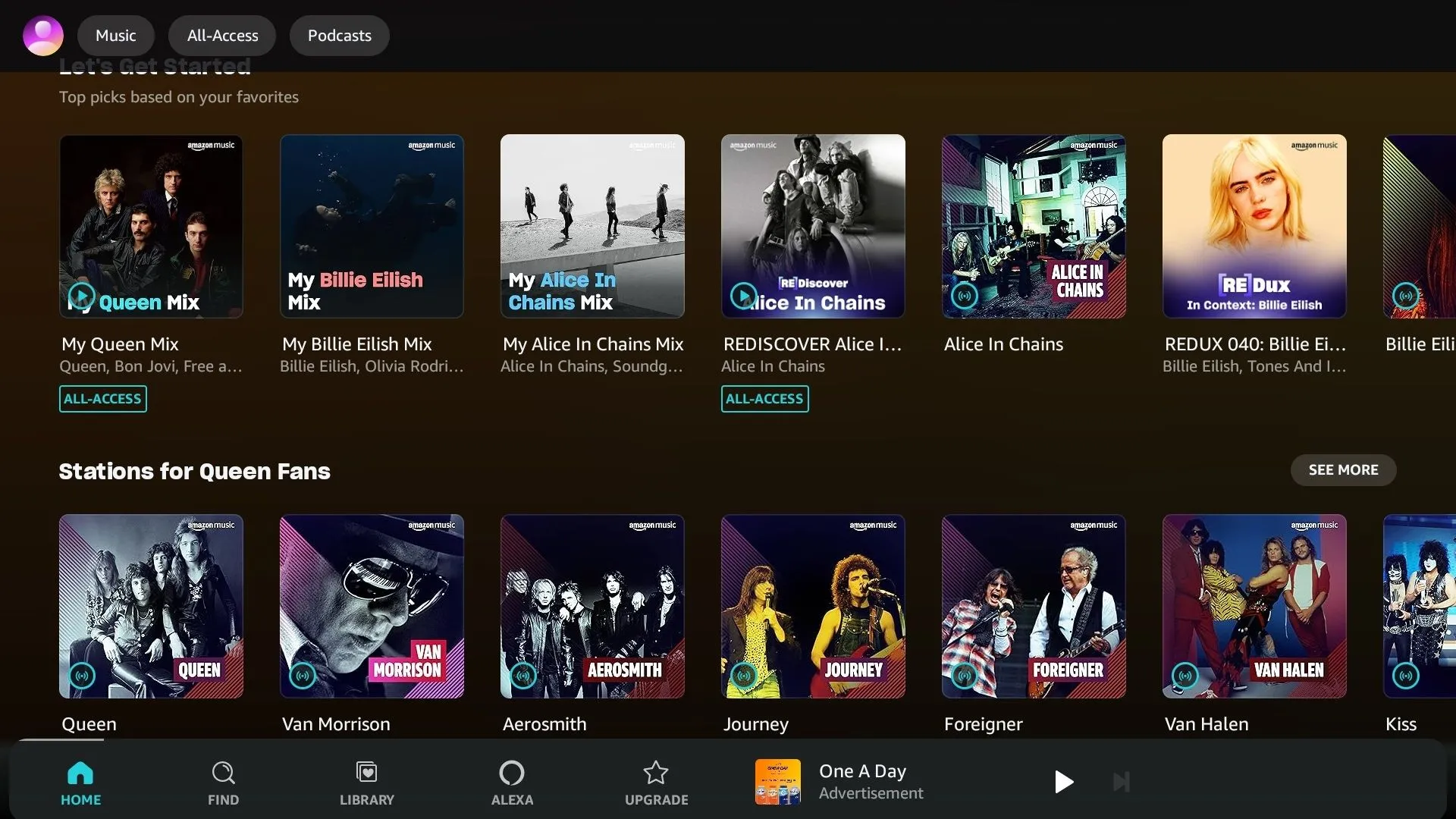 Giao diện Amazon Music Prime hiển thị danh sách phát nhạc và podcast