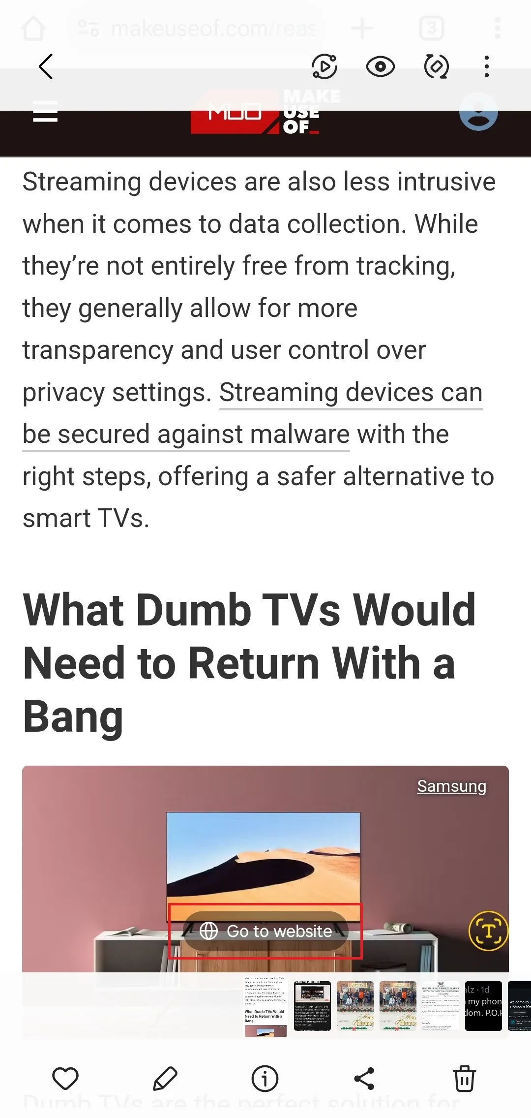 Giao diện ảnh chụp màn hình bài viết trên Samsung Galaxy với tùy chọn "Đi đến trang web"
