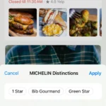 Giao diện Apple Maps hiển thị các tùy chọn lọc nhà hàng theo xếp hạng Michelin.