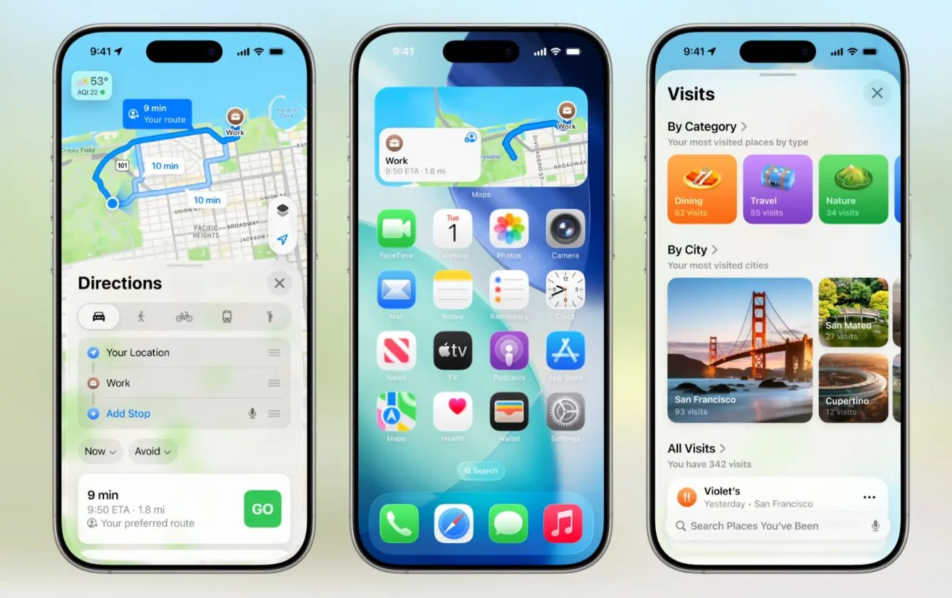 Giao diện Apple Maps với tính năng Địa điểm đã Ghé thăm và Lộ trình trên iOS 26