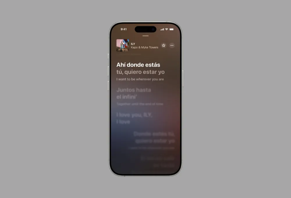 Giao diện Apple Music hiển thị lời bài hát với tính năng dịch trực tiếp theo dòng nhạc