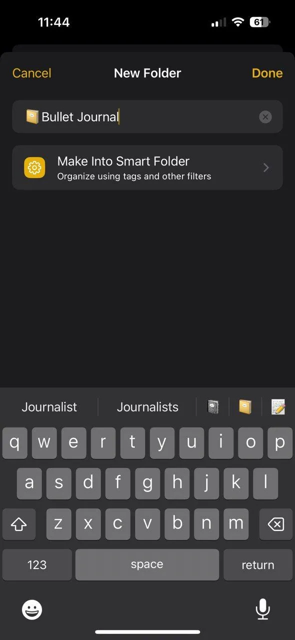 Giao diện Apple Notes hiển thị các thư mục được tổ chức để quản lý ghi chép theo phương pháp Bullet Journal.