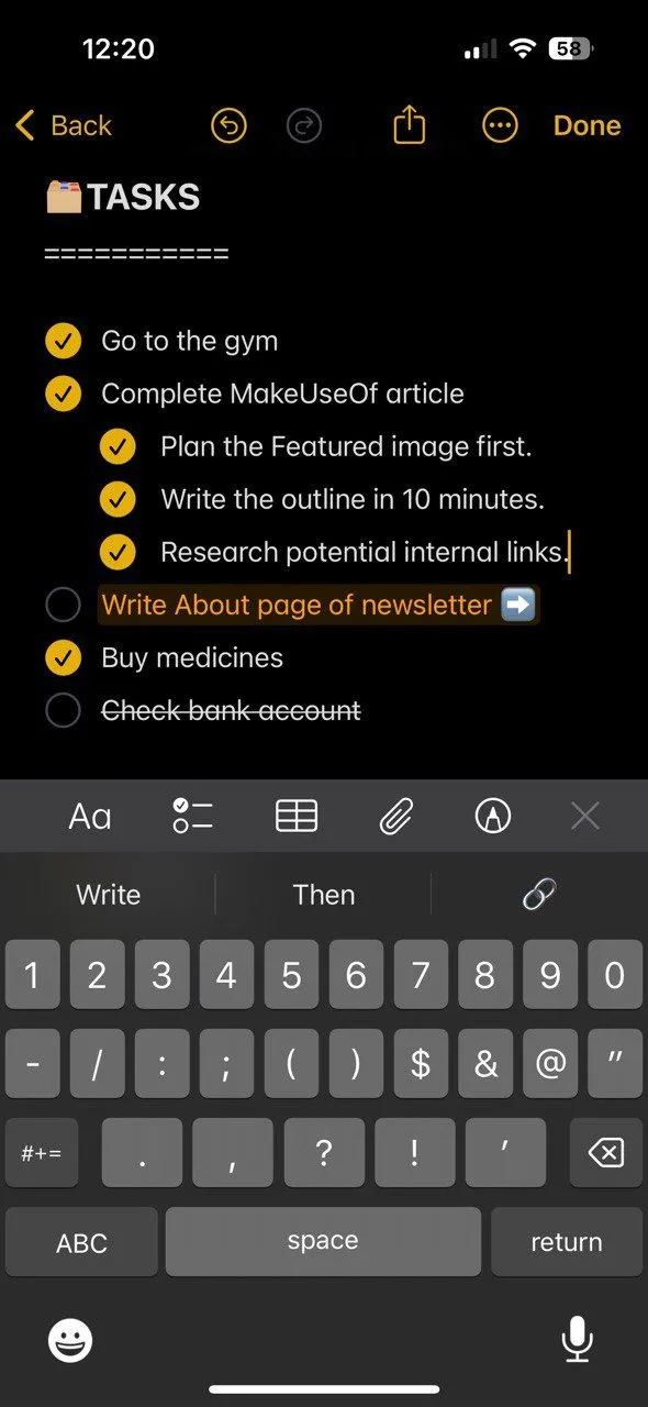 Giao diện Apple Notes minh họa cách ghi lại các nhiệm vụ, sự kiện và ghi chú phản tư trong một trang Bullet Journal hàng ngày.