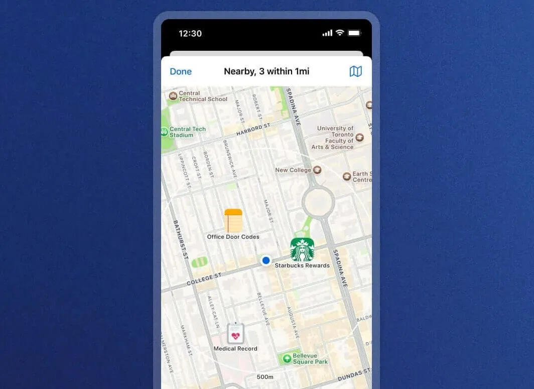 Giao diện bản đồ 1Password hiển thị các mục được gán vị trí cụ thể.
