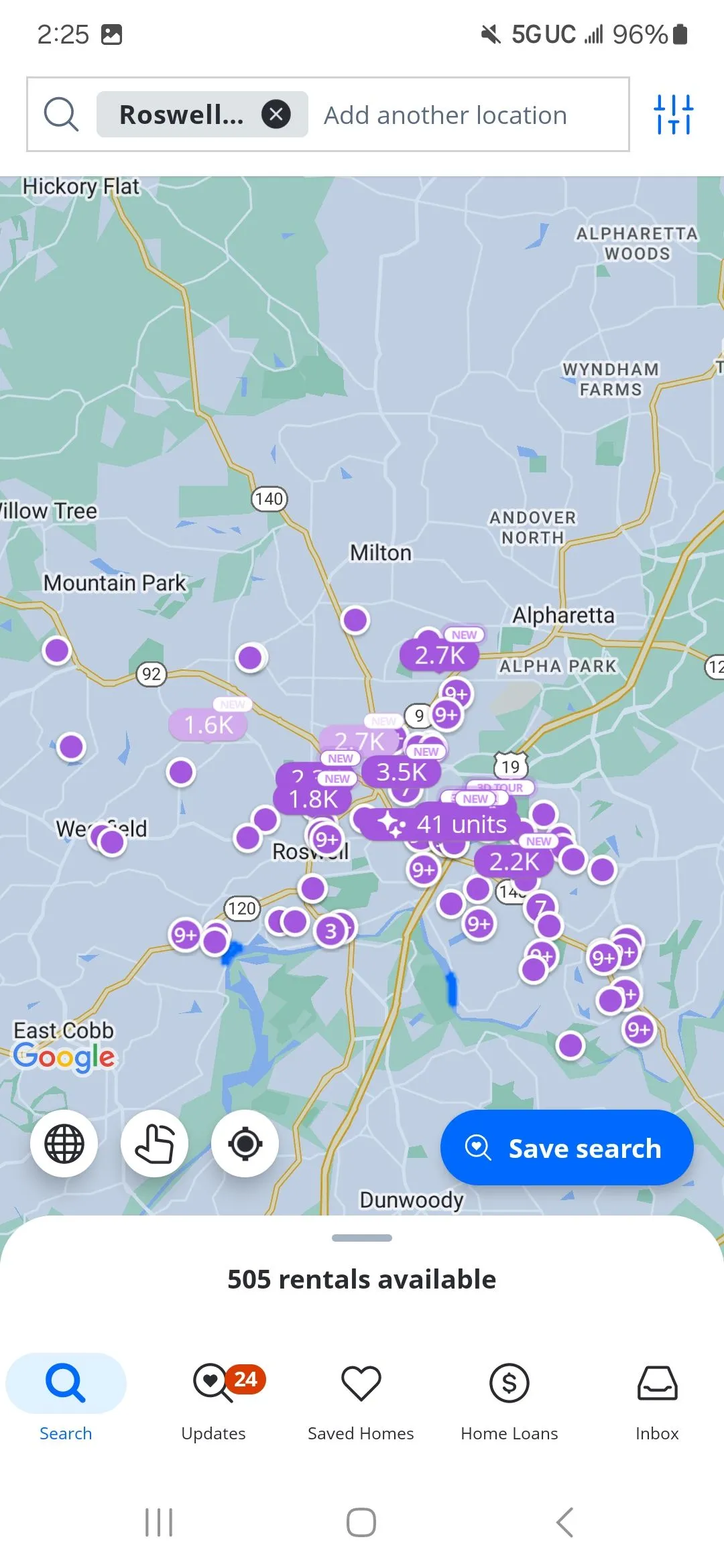 Giao diện bản đồ trực quan của ứng dụng Zillow hiển thị các căn hộ cho thuê và giá cả.