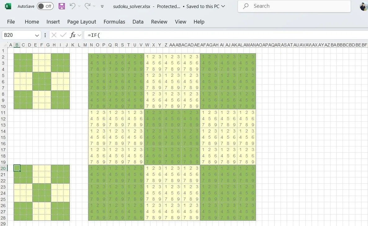 Giao diện bảng tính Excel đang hiển thị công cụ giải Sudoku tự động bằng công thức và định dạng có điều kiện