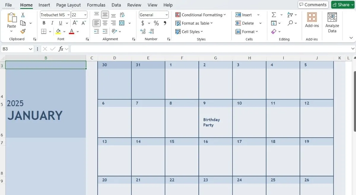 Giao diện bảng tính Excel được tùy chỉnh thành lịch tháng 1, với các ngày và ô được định dạng rõ ràng