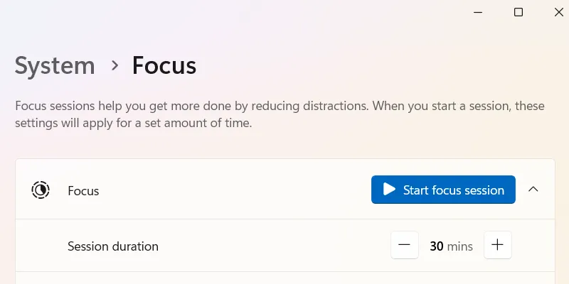 Giao diện bắt đầu phiên Tập trung (Focus Session) trên Windows 11