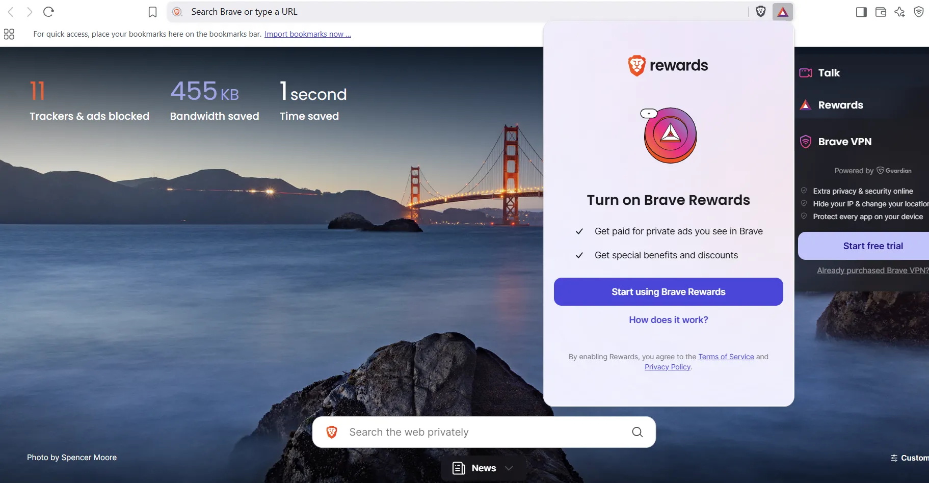 Giao diện bật tính năng Brave Rewards, cho phép người dùng kiếm BAT thông qua việc xem quảng cáo không xâm phạm.