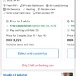 Giao diện Booking.com hiển thị các lựa chọn loại phòng khác nhau và chính sách hủy phòng linh hoạt