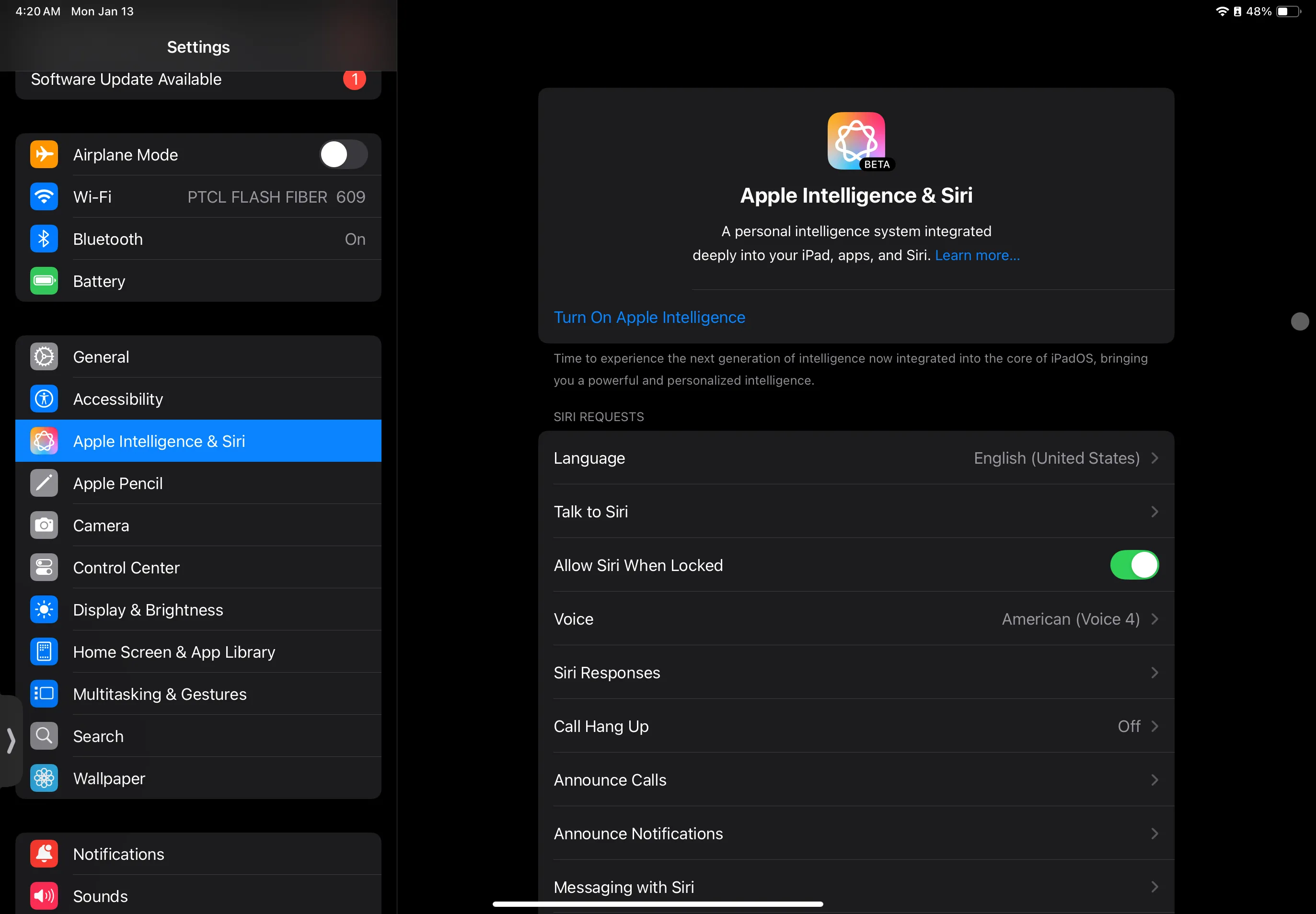 Giao diện cài đặt Apple Intelligence & Siri trên iPad