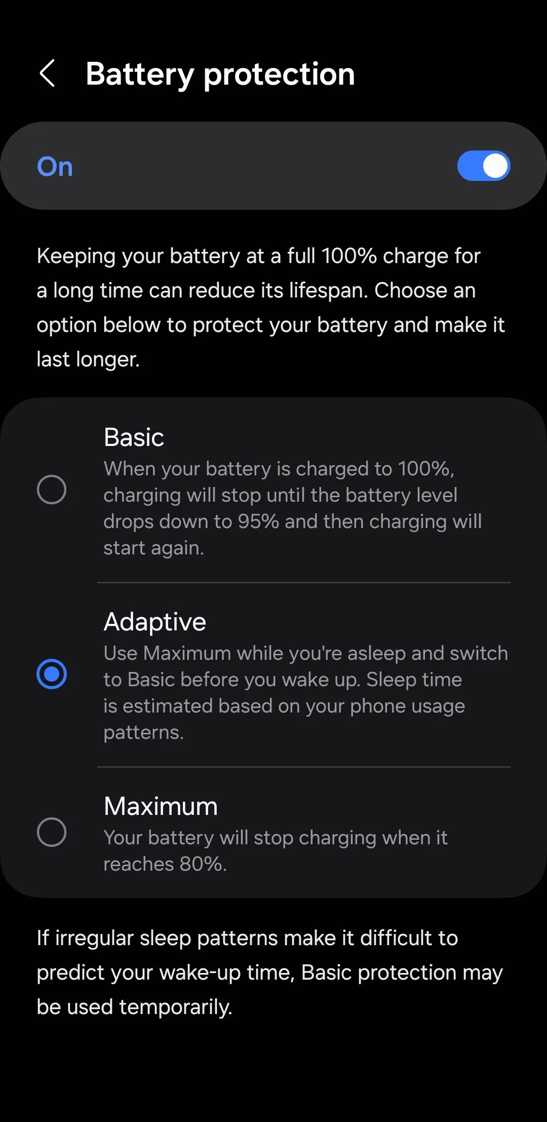 Giao diện cài đặt Bảo vệ pin (Battery Protection) trên Android, hiển thị tùy chọn bật tính năng giới hạn sạc pin ở 80% để kéo dài tuổi thọ.