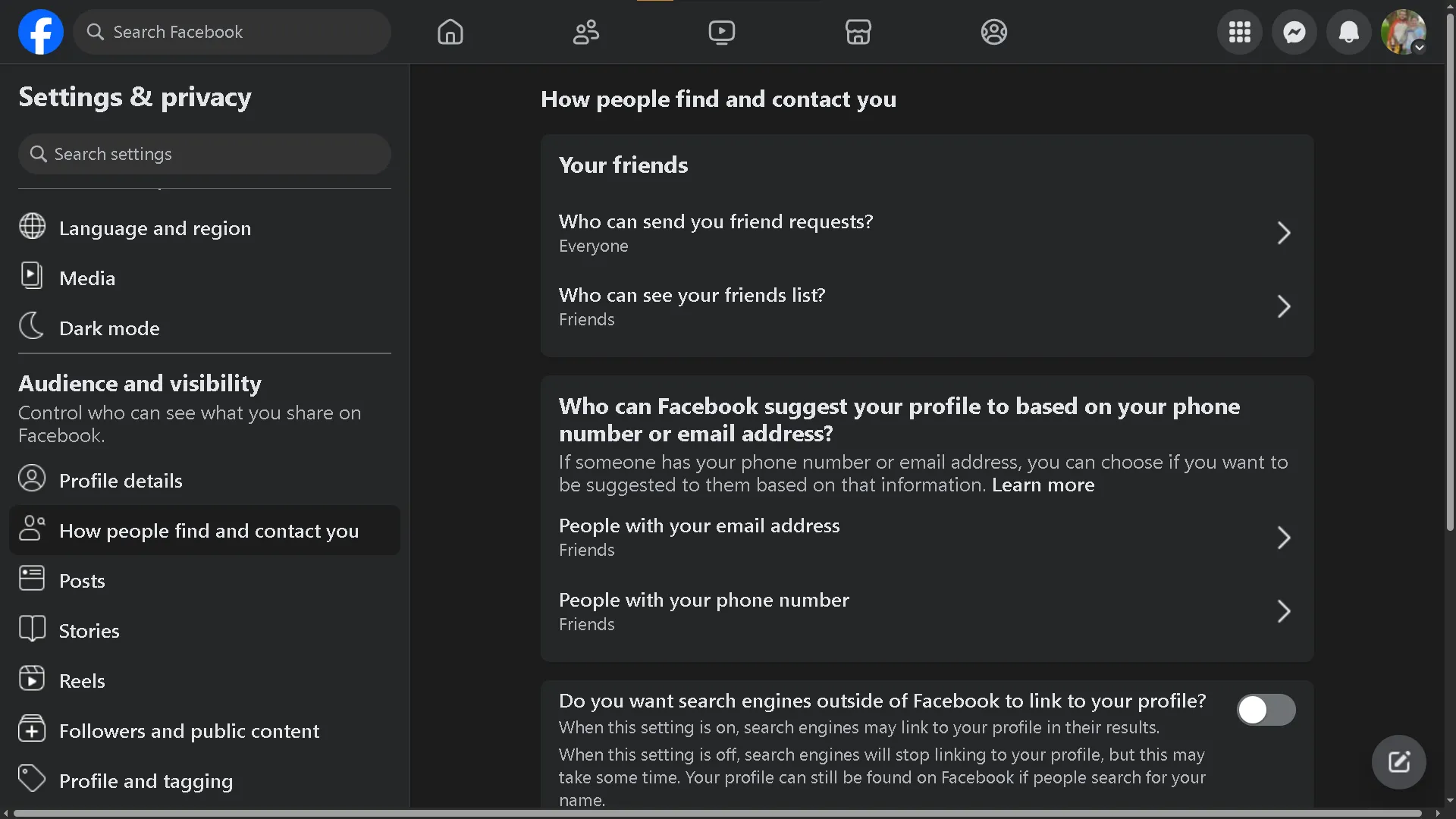 Giao diện cài đặt &quot;Cách mọi người tìm và liên hệ với bạn&quot; trên Facebook, hiển thị các tùy chọn kiểm soát ai có thể tìm thấy và kết bạn với tài khoản của bạn.
